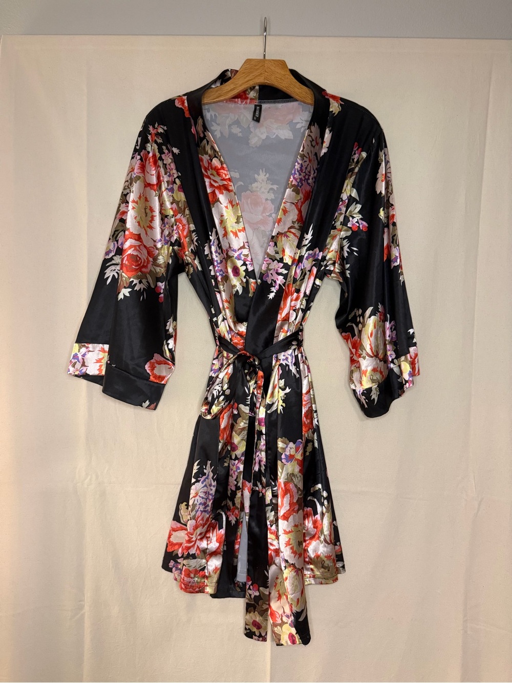 Black Floral Satin Kimono Robe with Tie Waist